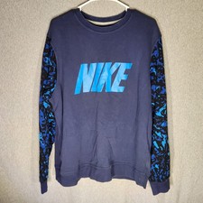 Nike Club Crew XL Sweatshirt Navy Blue Camo Sleeves Y2K Streetwear Pullover EUC