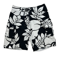 Quiksilver Board Shorts Mens 32 Vtg Y2K White Tropical Leaf on Blk w/embroidery