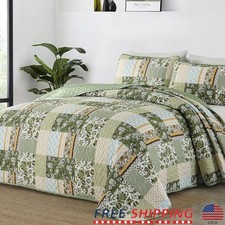 Quilt Set Queen Size 3 Pieces Patchwork Plaid Bedspread Coverlet Set Green