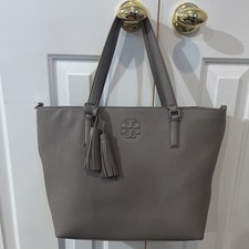 Tory Burch Thea Taupe Pebbled Leather Tote Bag Large Tassel Logo Shopper
