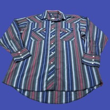 Vintage Wrangler Western Pearl Snap Shirt 16-33 Blue Red Striped Cowboy Read