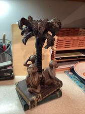 Resin 3 Wise monkeys Sitting on Stacked Books Under Palm Tree Pillar Candle Hold