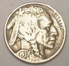 1937 Buffalo Indian Head Nickel 5 Cents Coin VF+