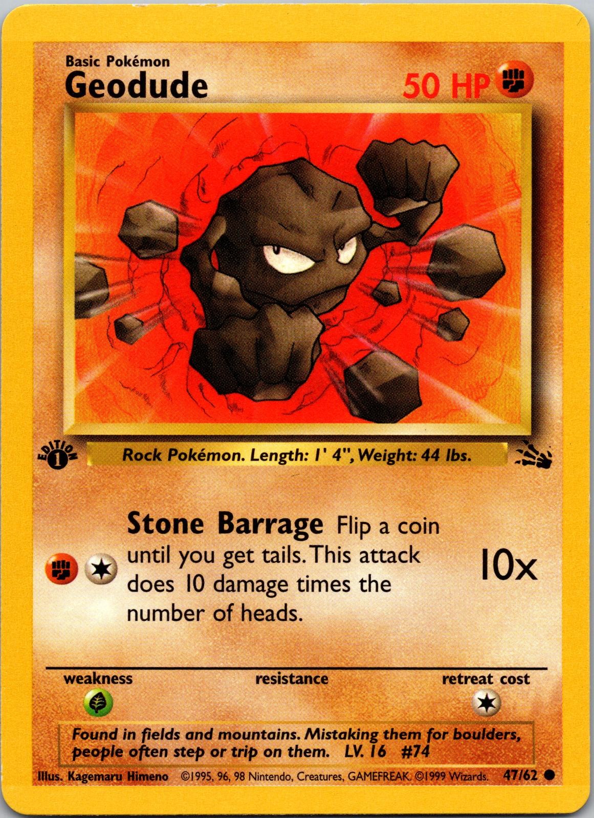 Geodude 47/62 Common Fossil Pokemon 1st Edition Moderately Played