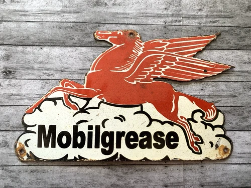 VINTAGE MOBILGREASE MOBILOIL MOBILGAS PEGASUS GASOLINE PORCELAIN MOTOR OIL SIGN