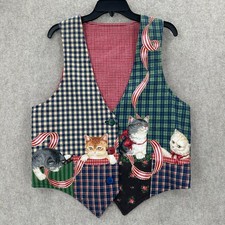 Vintage Cats Kittens Printed Graphics Plaid Check Waistcoat Vest Size SM-MED