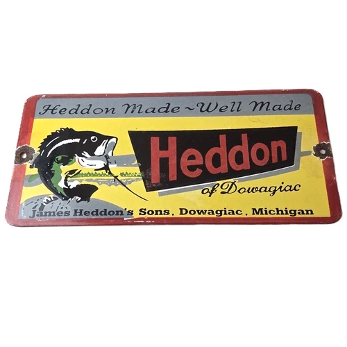 Vintage Heddon Fishing Lures Sign - Fish Tackle Lures Gas Pump Porcelain Ad Sign