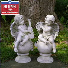 14.75" Set of 2 Cherub Angel Garden Statues Harp Violin Polyresin