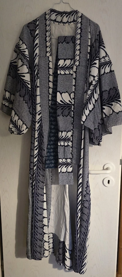 Damen Kimono Bade-/Morgenmantel Baumwolle blau/weiß Blumen Langarm Gürtel - Bild 2 von 4
