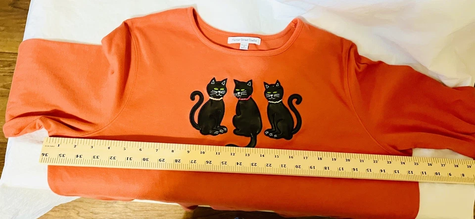 Mercer Street Studio Orange Halloween Cat Long Sleeve Shirt top 1X (14/16W)  - Image 3 of 4