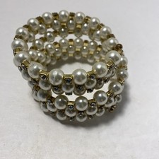 White Faux Pearl 5-Row Multistrand Coil Adjustable Bangle Bracelet w/Rhinestones