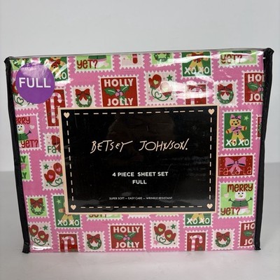 Betsey Johnson Full 4pc Sheet Set Christmas Stamps Pink Super Soft Easy Care