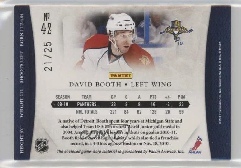 2010-11 Panini Dominion Jerseys Prime /25 David Booth #42 - Image 2 of 2
