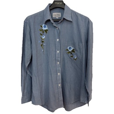 Las Olas Blue Embroidered Floral Button-Up Shirt Women s M Gingham