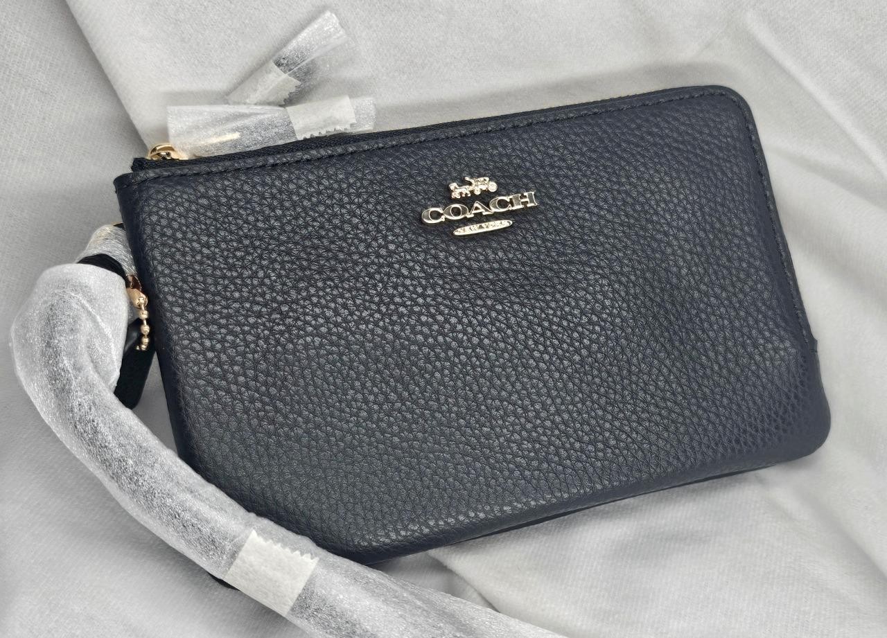 NWT COACH PEBBLED LEATHER DOUBLE ZIP BLACK WALLET W/ WRIST STRAP~FREE US S&H thumbnail 2