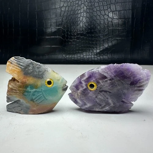 2PC Natural Crystal Mineral Specimen. Amazon Stone. Hand-carved FISH .Statue.BX