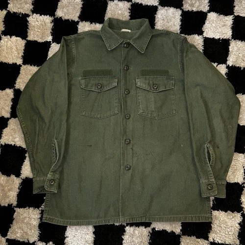 Vintage 60s 70s OG 107 Sateen US Army Military Fatigue Shirt 16.5 x 34 Vietnam L