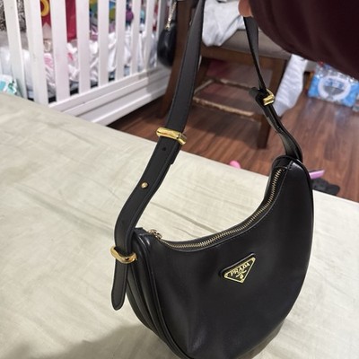 PRADA Crescent Shoulder Bag Black Zip Closure Gold Hardware