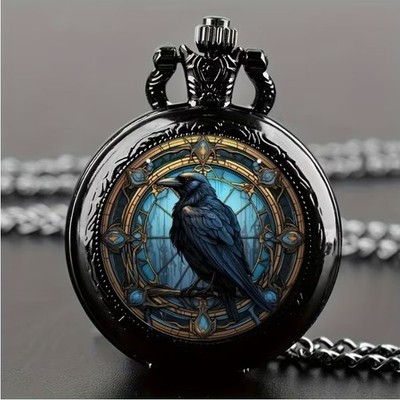 Gothic Black Crow Pocket Watch Quartz Stained Glass Style Raven