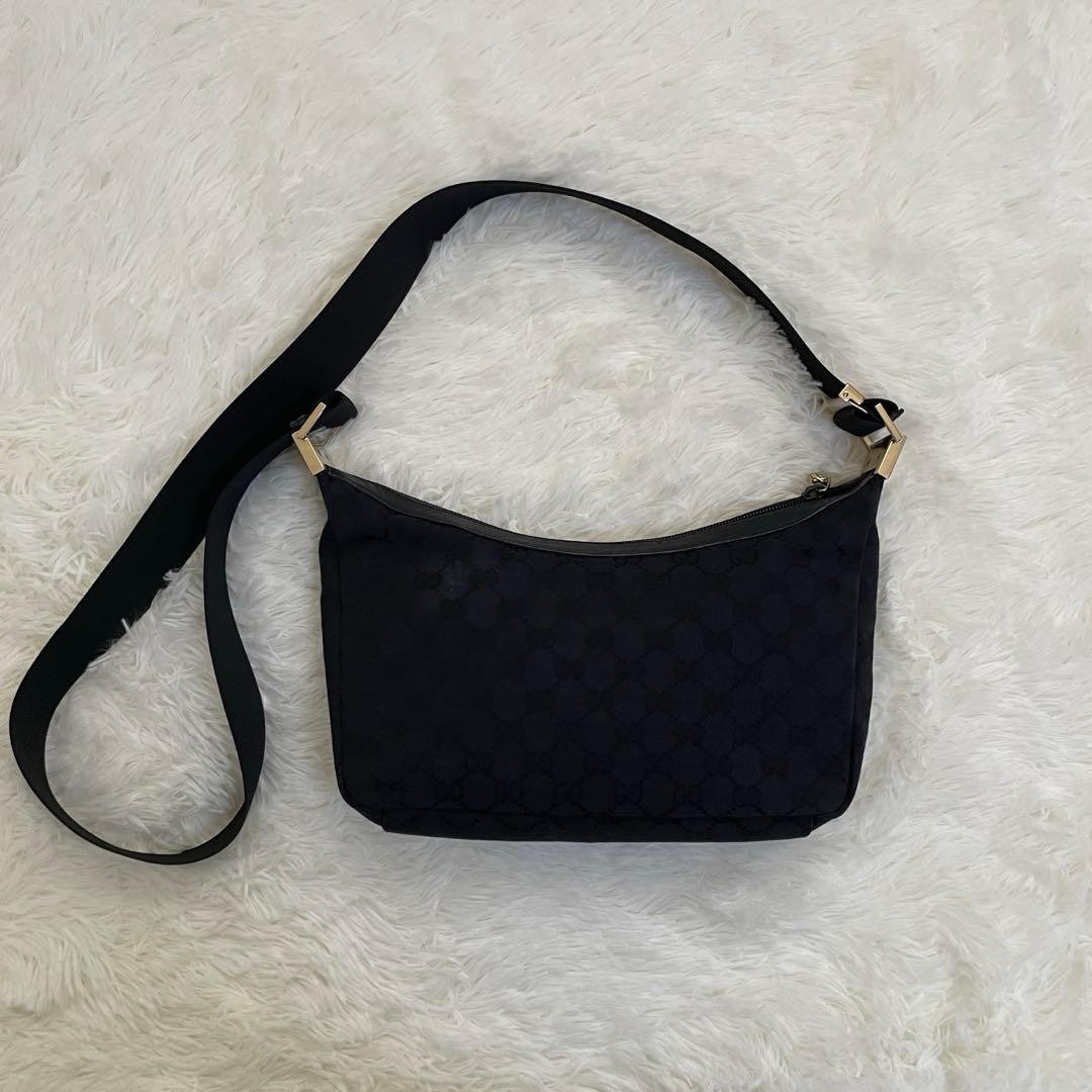 GUCCI GG Canvas Half Moon Shoulder Bag Black Cotton Leather Authentic thumbnail 3