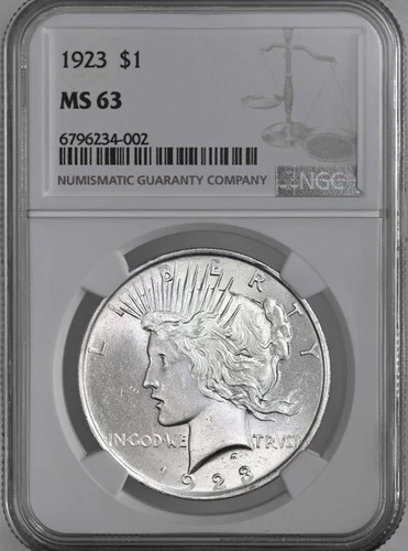 1923-P  $1 PEACE SILVER DOLLAR  "PHILADELPHIA MINT"  NGC MS63 #6796234-002