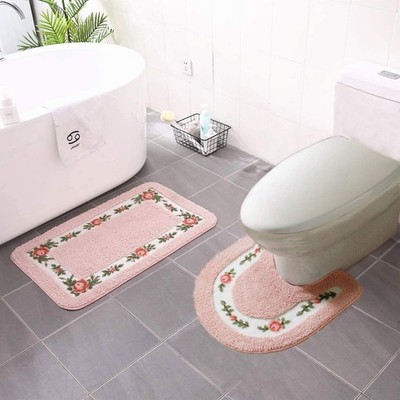 ABREEZE Non-Skid Floral Rose Bathroom Rugs Set of 2pcs,Soft Shaggy Bath Shower M
