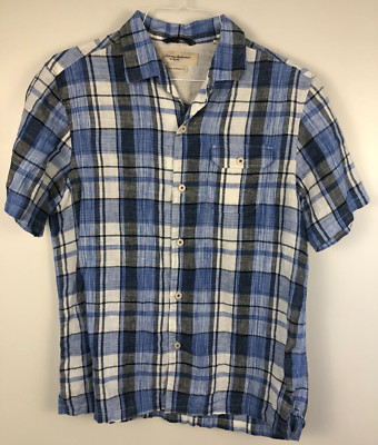 Men's Shirt Tommy Bahama Size M Short Sleeve Button Down Blue Plaid 100% Linen