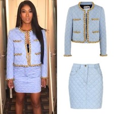 Moschino Italian Couture 2 Piece Denim Quilt Gold Chain Skirt Suit It44 Usa 10