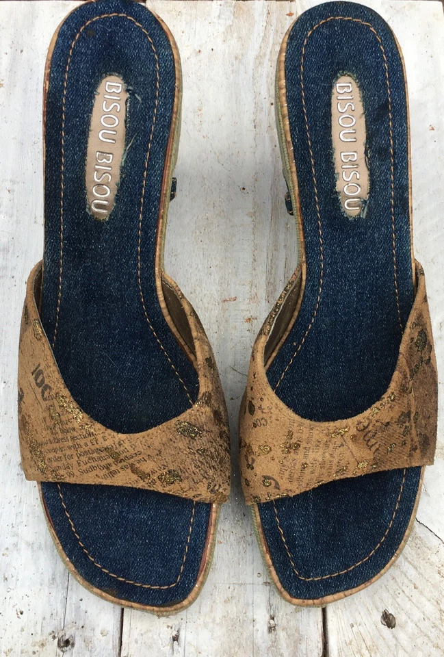 Bisou Bisou на танкетке джинсовой ткани и замши размер W 9 различных стирок пробковая панель пэчворк - Изображение 2 из 4