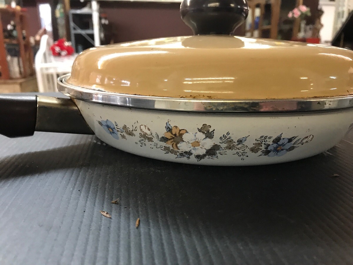 复古珐琅花卉印花蓝色和白色10 英寸平底锅带皇冠标志E94 | eBay