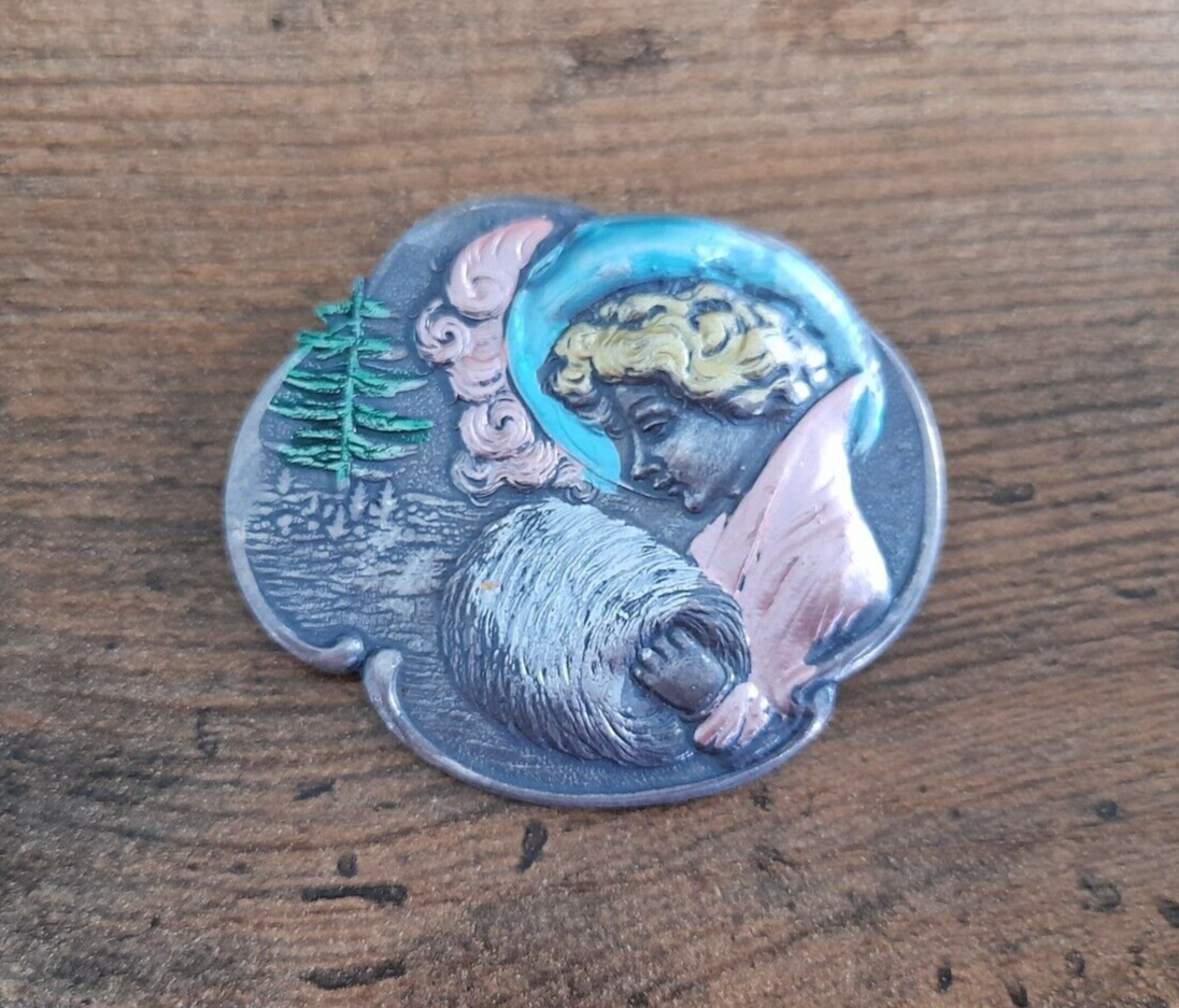 Vintage Victorian Woman Brooch Art Nouveau Lady w Fur Muff & Feather Hat-image