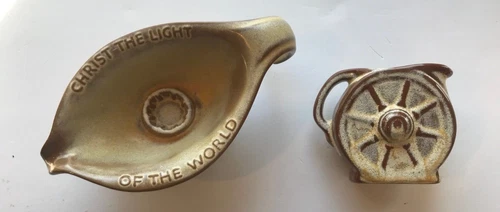 Two Vintage Frankoma Pieces 560 Wagon Wheel Creamer & Oral Roberts Candle Holder