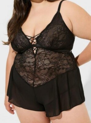 Torrid Sexy Black Ruffle Teddy Bodysuit Romper Lingerie Plus Size 2X, 18/20 