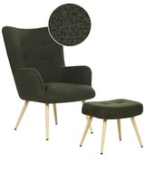Ohrensessel Mit Hocker Stoffbezug Bouclé GrüN Gesteppt Holzbeine Retro Vejle Ii