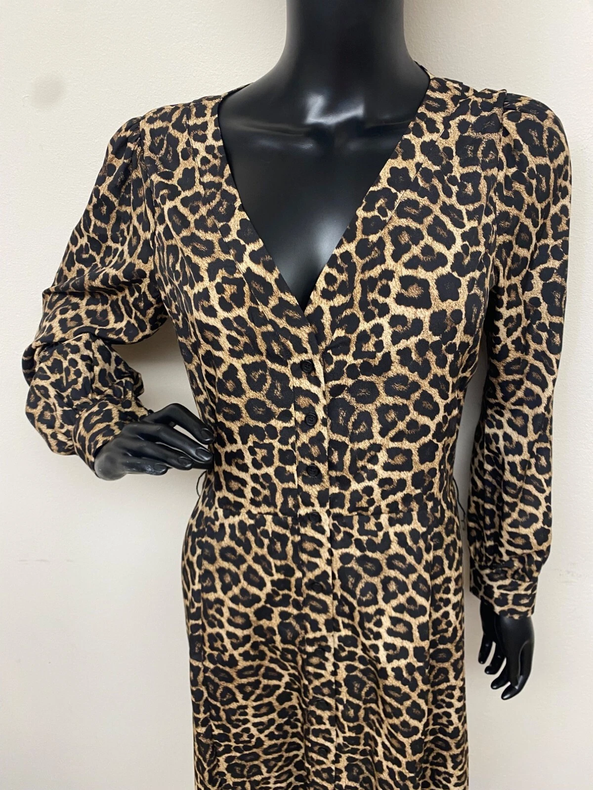 Abito midi Michael Kors donna Kate stampa animalier scollo V bottoni cintura nuovo con etichette