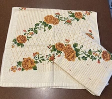Vintage Franco Cream Floral Rose Bath Towels Autumn Fall Set Of 2 Linens Cottage