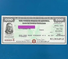 SAVING BOND ROOSEVELT US $200.00 APRIL 1973 SERIES E UNCANCELLED RI RED SEAL.