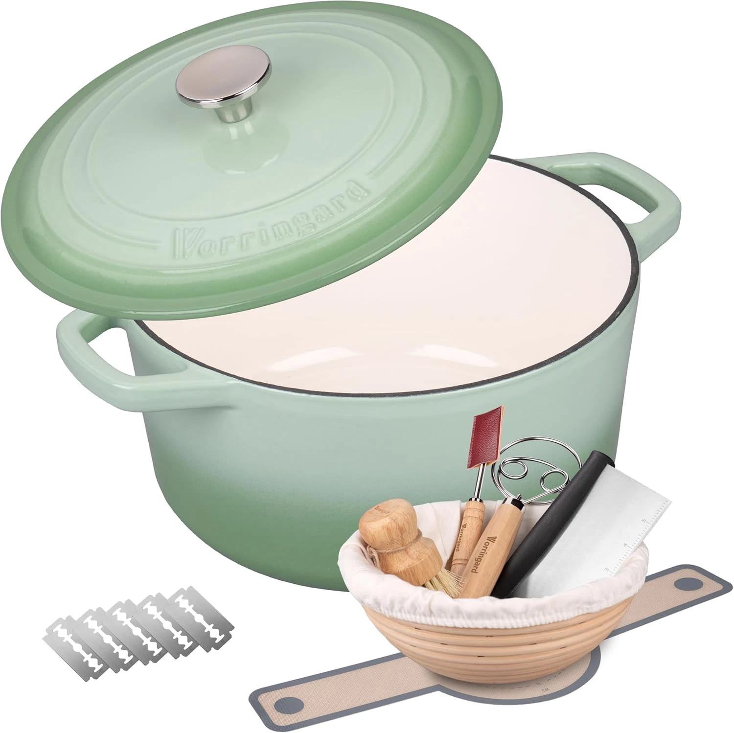 Enameled Cast Iron Dutch Oven with Lid & Sourdough Baking Set, 4.5QT Green
