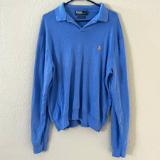 90s Polo Ralph Lauren Men's XL Knit Collared Pullover Sweater Blue Solid Logo