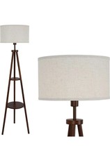 Image of Tripod Floor Lamp with Linen Lampshade, 2-Tier Storage Shelf Standing Lamp