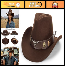 Wide Brim Western Cowboy Hat for Men Women - Fedora Jazz Hat with Bull Head Ba