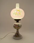 Hand Painted Pink Milk Glass Hurricane Lamp Floral Cottage VTG