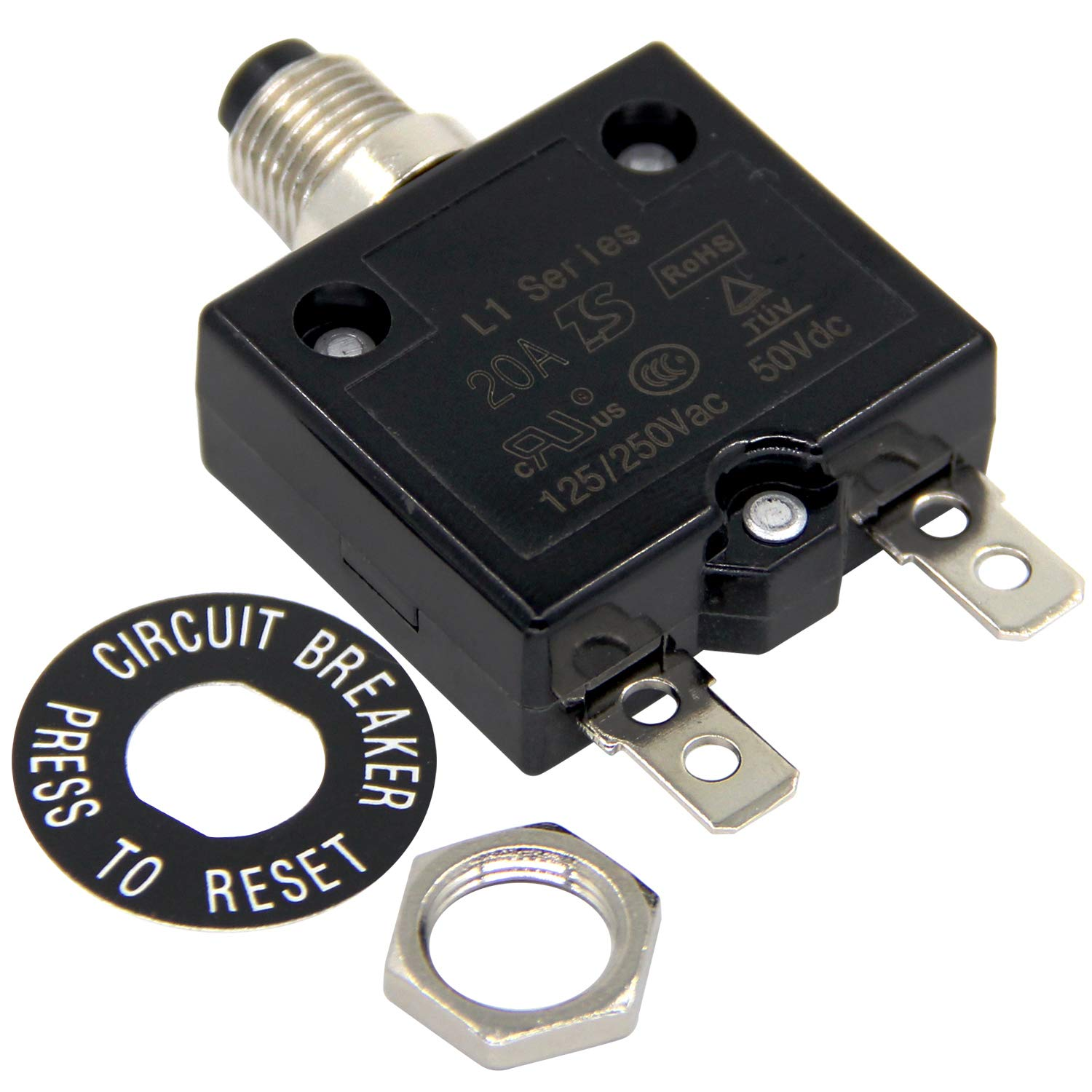 125-250V AC 50V DC Push Button Circuit Breaker 20 Amps Thermal Overload Protecto