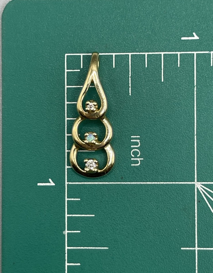 14K Solid Gold Tiny 2 Diamond and Opal Pendant 1.… - image 2