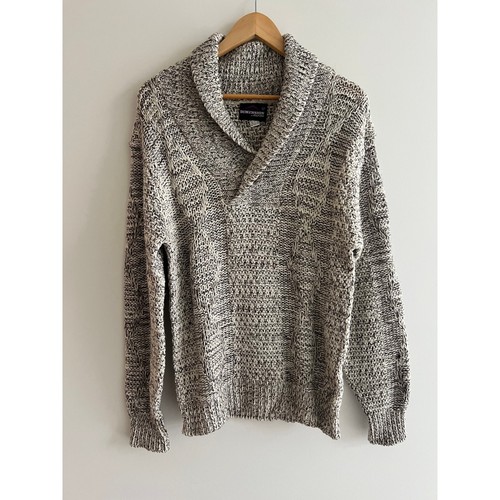 Vintage 80s Wool Blend Shawl Collar Sweater Marled Black White Knit Large - 第 1/7 張圖片