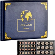 Coin Collection Supplies Holder Book for Collectors, 300 Pockets Blue 