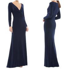 Mac Duggal NWOT Long Sleeve Ruched Jersey V-Neck Gown Size 8 Midnight Blue