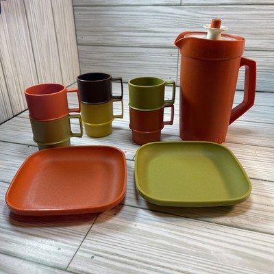 Vintage Tupperware Toys Play Kitchen Mini Pitcher Cups Plates Orange Green Gold