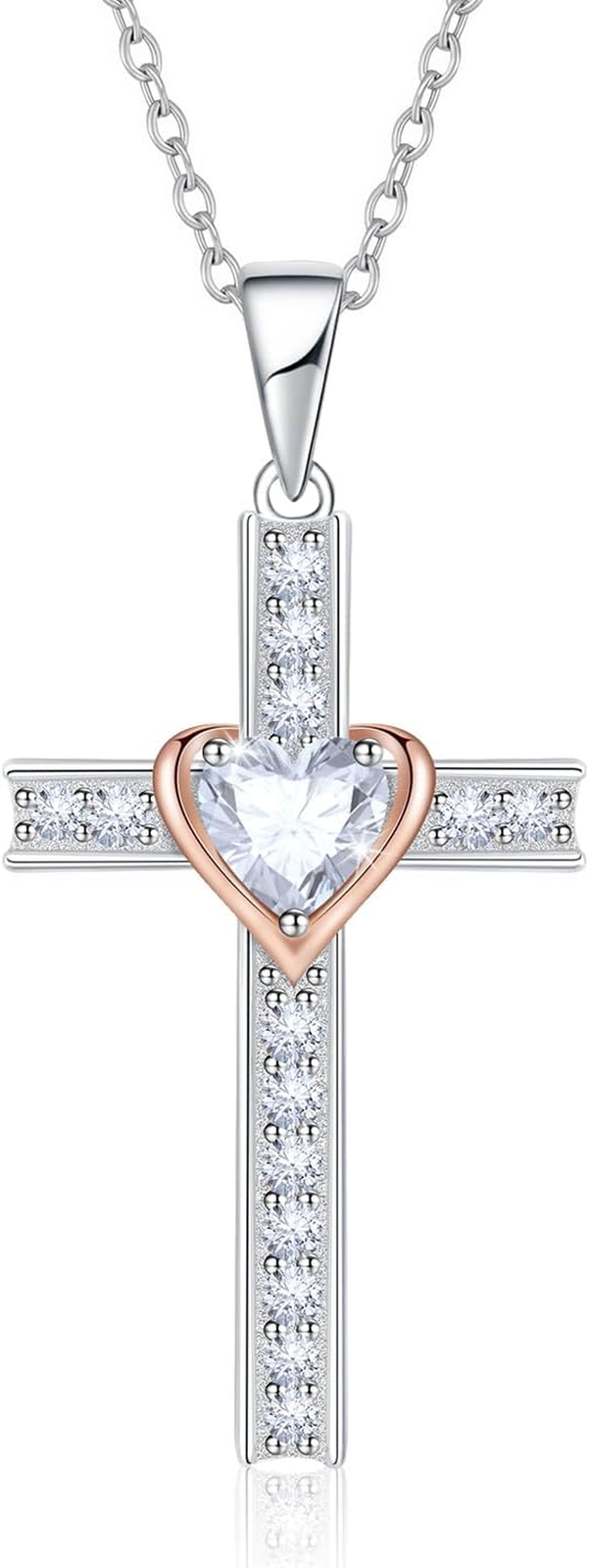 Birthstone Cross Necklace for Women, 925 Sterling Silver Heart Cross Pendant Nec