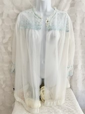 Vtg 60s SHEER Small CHIFFON White Peignoir Robe Gown Ruffle Sleeve Lace Babydoll